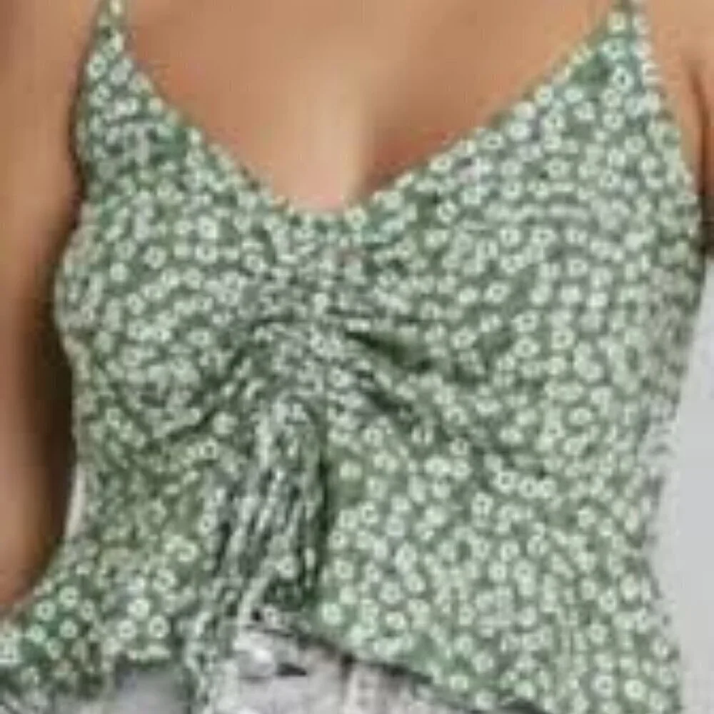 Wild Fable Size L Green Floral Cinch Front Crop Halter Top, Exc. Used Condition